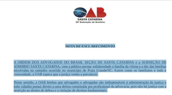 OAB SC e SUBSEÇÃO DE SOMBRIO esclarecem em nota que advogadas atuantes de Praia Grande não possuem qualquer impedimento para atuar no caso