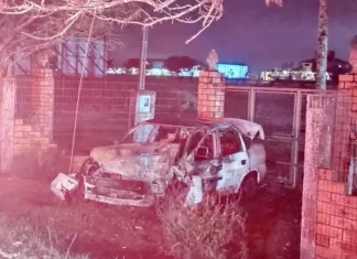 Motorista foge da PM, colide em poste e carro pega fogo na SC 447