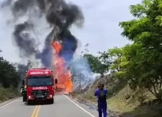 Incêndio destrói caminhão com produtos Inflamáveis em Turvo