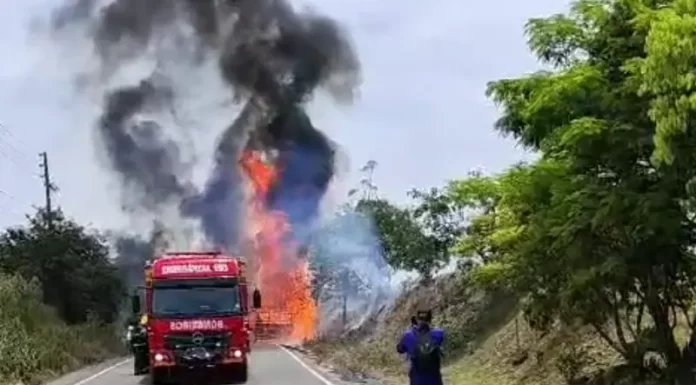 Incêndio destrói caminhão com produtos Inflamáveis em Turvo