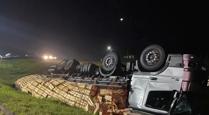 Caminhão carregado de tomates capota em Santa Rosa do Sul na madrugada de domingo