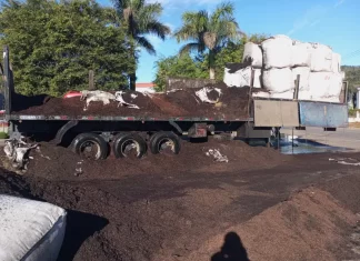 Carreta carregada de casca de arroz pega fogo em Turvo